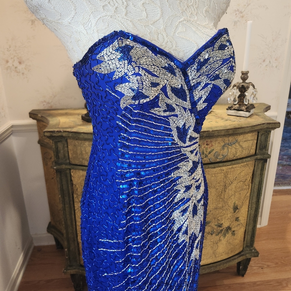 Della Roufogali Dore Fully Beaded Royal Blue & Silver 90s Evening Gown 4 Small - Picture 4 of 10
